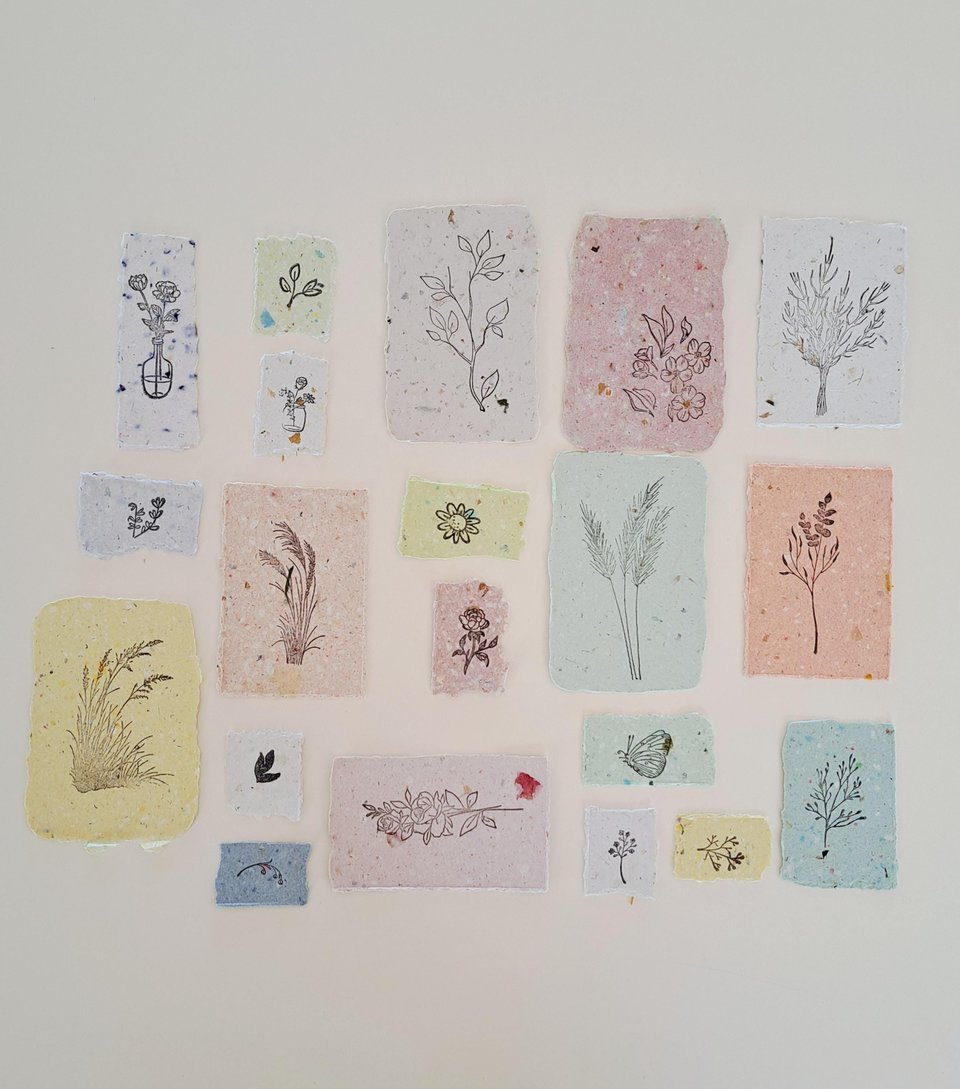 Handmade Stamped Recycled Paper Ephemera Pack: Junk Journal Supplies, 20 small botanical pieces