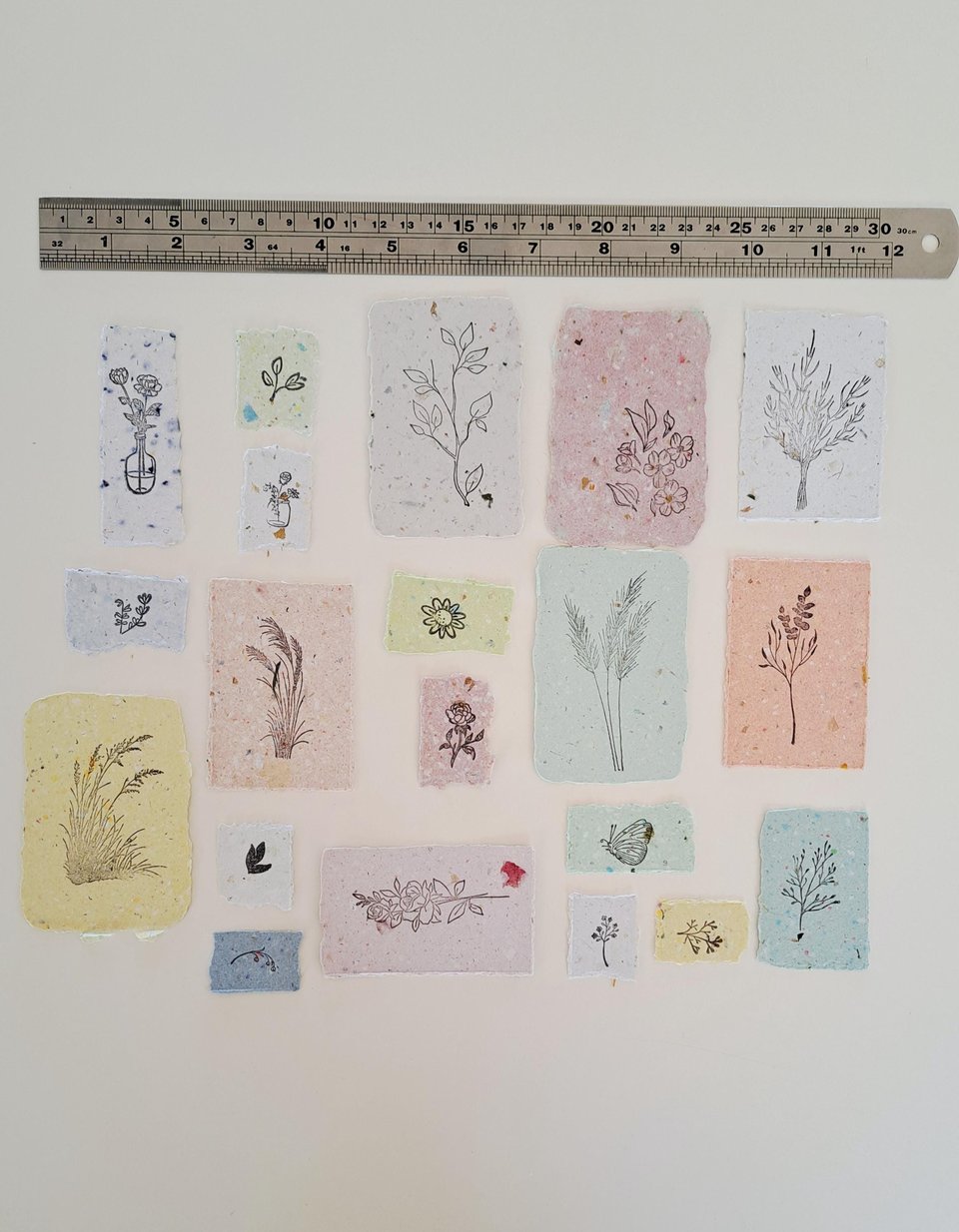 Handmade Stamped Recycled Paper Ephemera Pack: Junk Journal Supplies, 20 small botanical pieces
