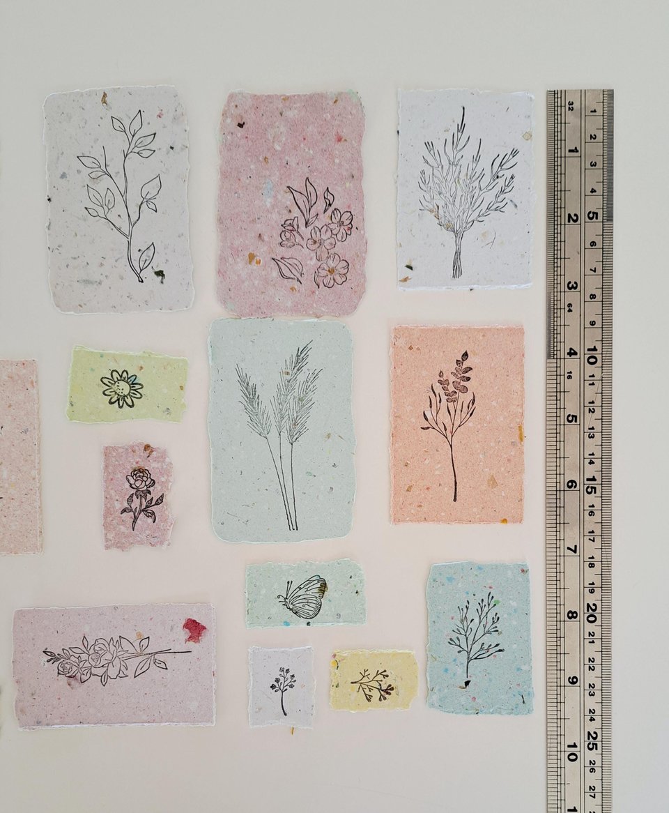 Handmade Stamped Recycled Paper Ephemera Pack: Junk Journal Supplies, 20 small botanical pieces