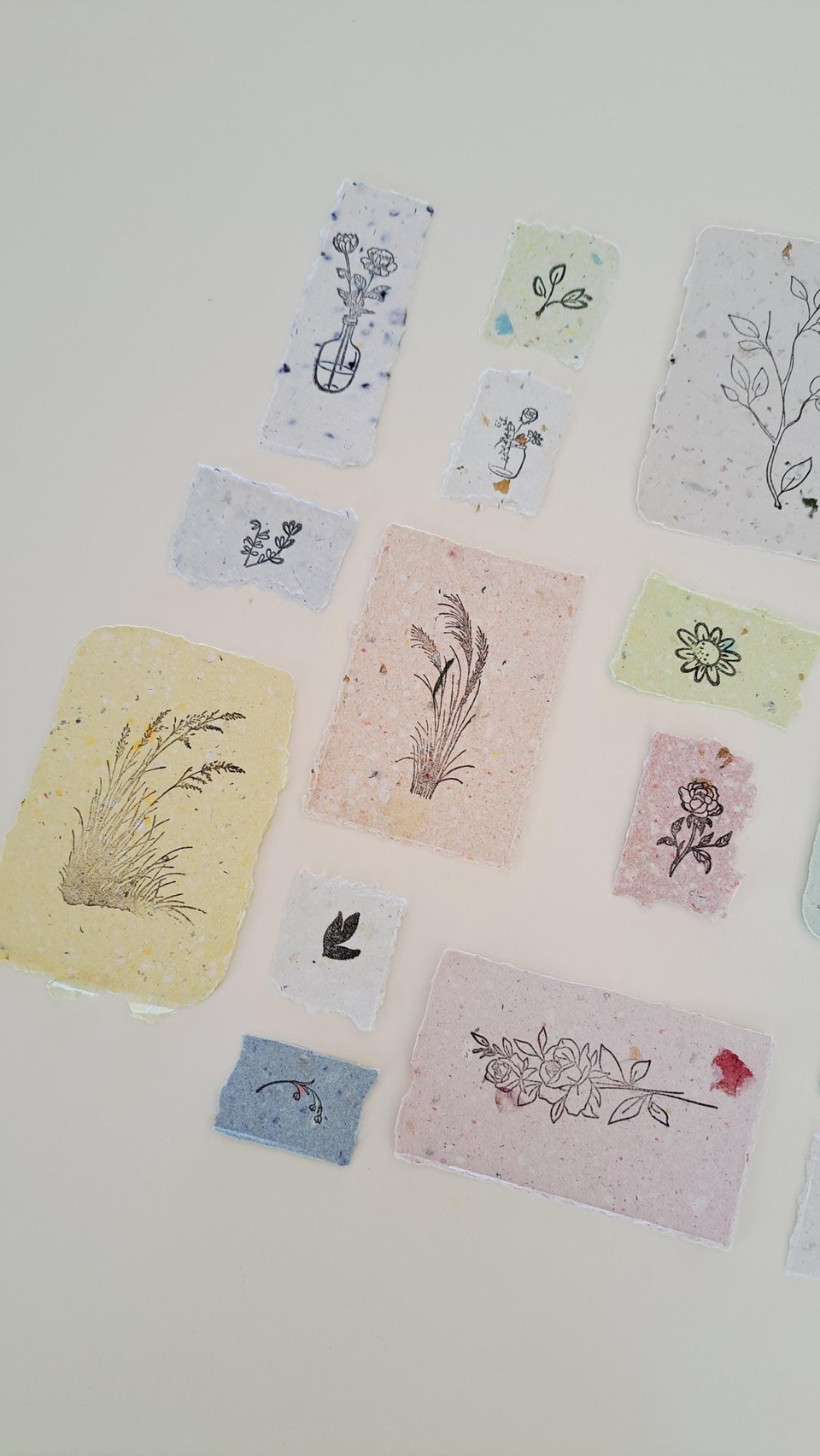 Handmade Stamped Recycled Paper Ephemera Pack: Junk Journal Supplies, 20 small botanical pieces