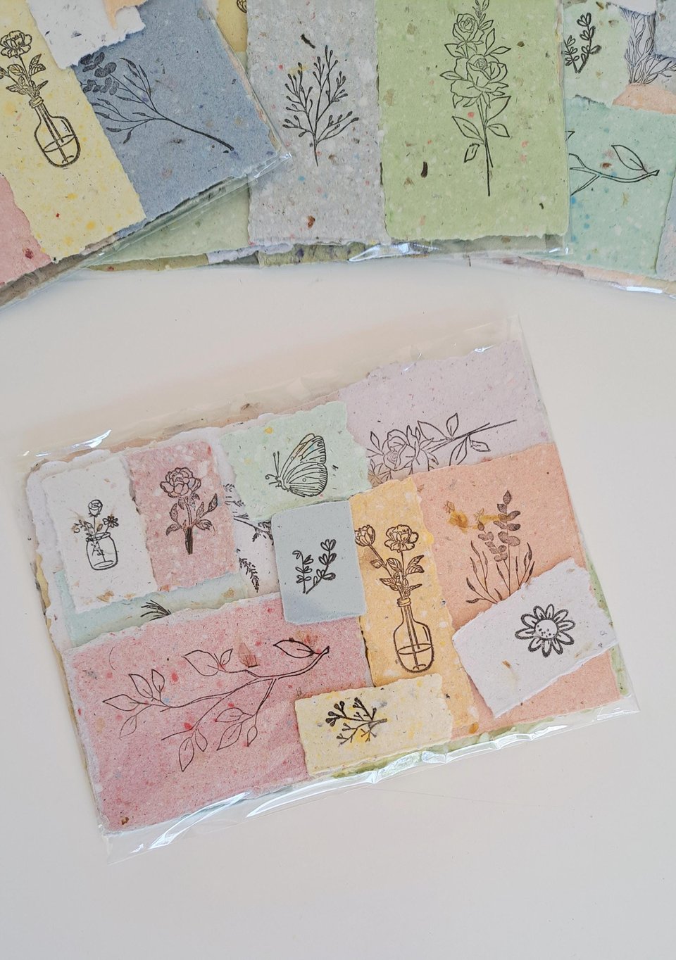 Handmade Stamped Recycled Paper Ephemera Pack: Junk Journal Supplies, 20 small botanical pieces