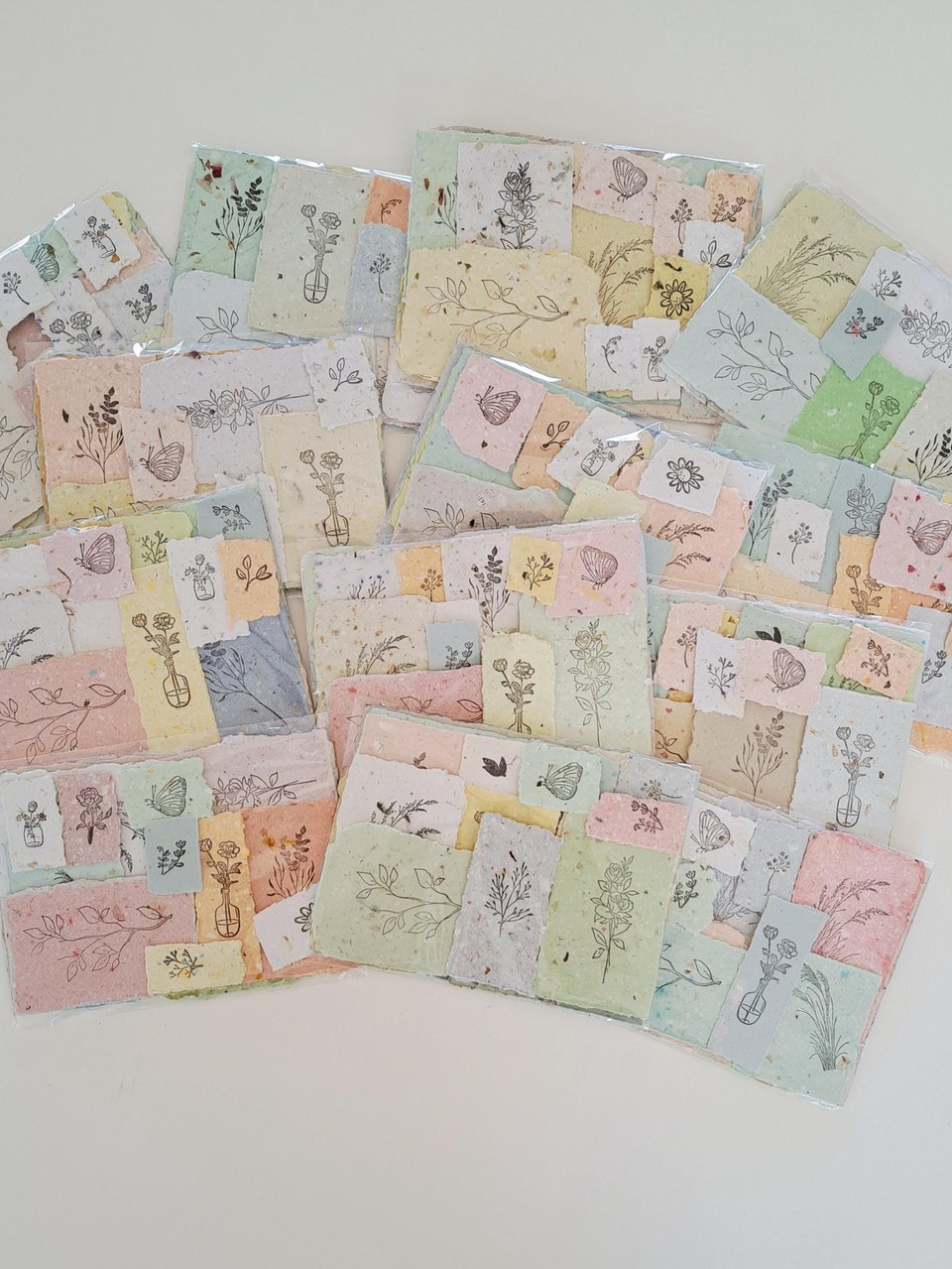 Handmade Stamped Recycled Paper Ephemera Pack: Junk Journal Supplies, 20 small botanical pieces