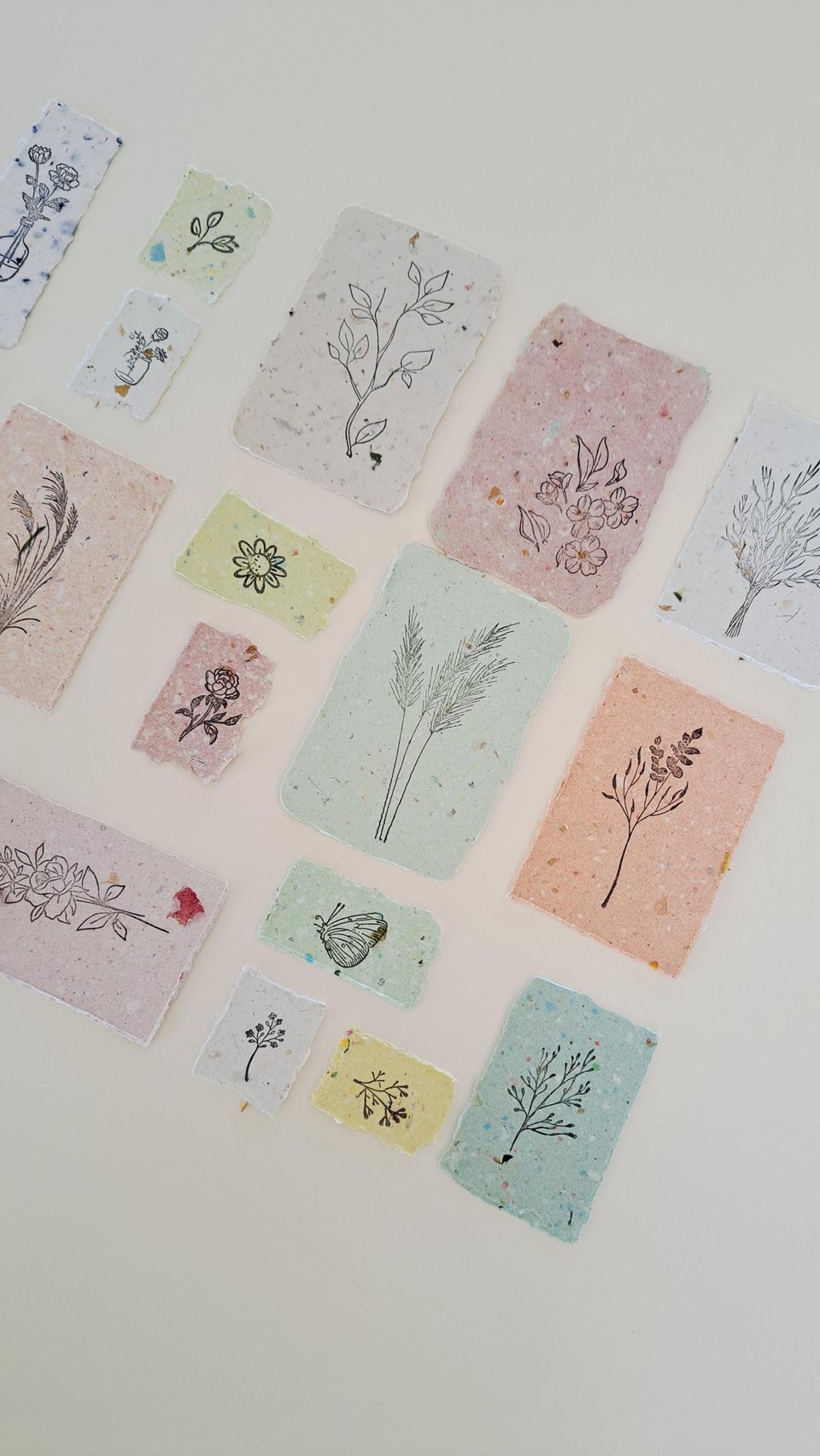 Handmade Stamped Recycled Paper Ephemera Pack: Junk Journal Supplies, 20 small botanical pieces