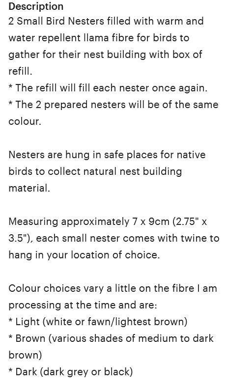 Set of 2 small bird nesters with box of refill. Llama Fibre Nesting Material accessory for bird watchers, birdbath / feeders