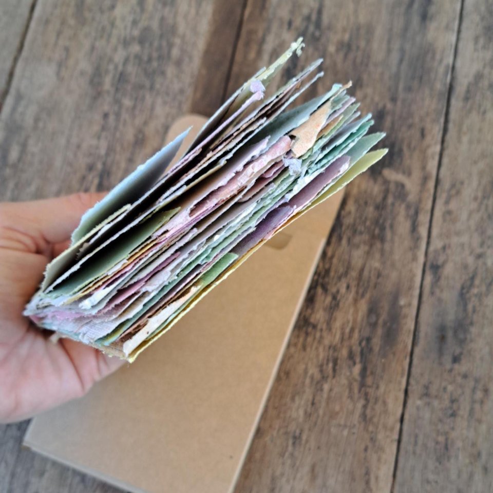Small pouch of mixed handmade paper off-cut strips / pieces for torn paper art / mixed media