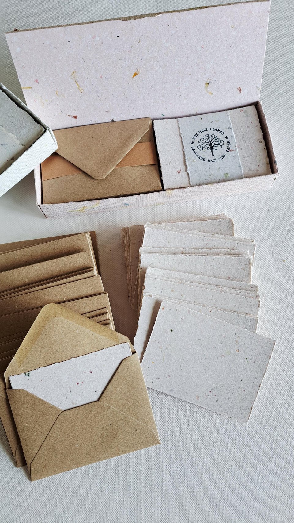 30 Handmade recycled papers with commercially recycled brown envelopes. 4x3 Inch Stationery Set in Gift Box