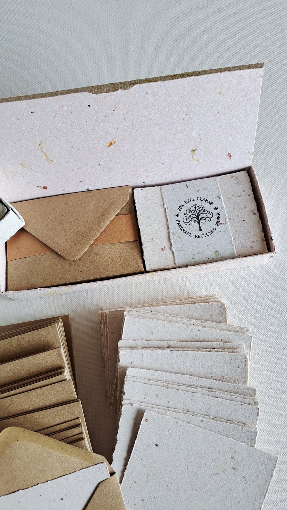 30 Handmade recycled papers with commercially recycled brown envelopes. 4x3 Inch Stationery Set in Gift Box
