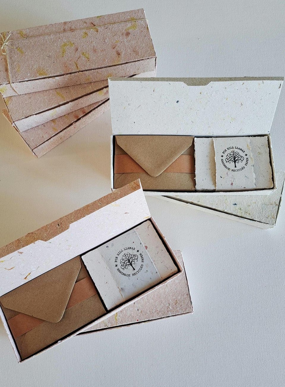 30 Handmade recycled papers with commercially recycled brown envelopes. 4x3 Inch Stationery Set in Gift Box
