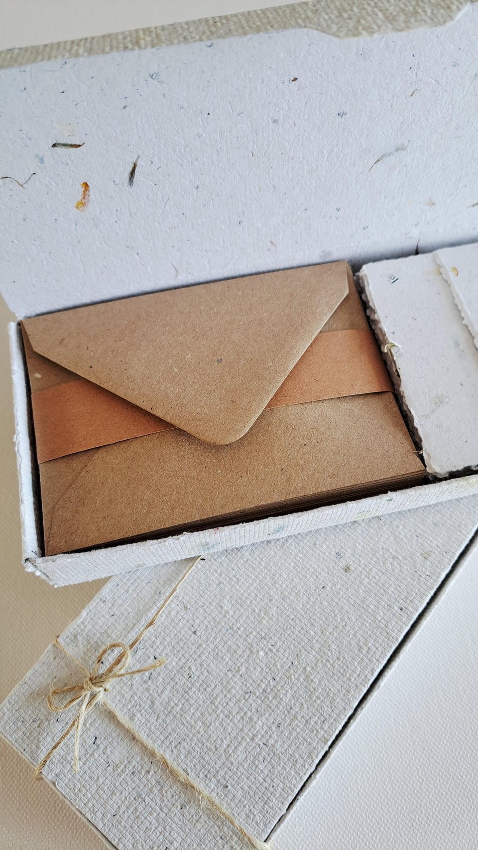 30 Handmade recycled papers with commercially recycled brown envelopes. 4x3 Inch Stationery Set in Gift Box