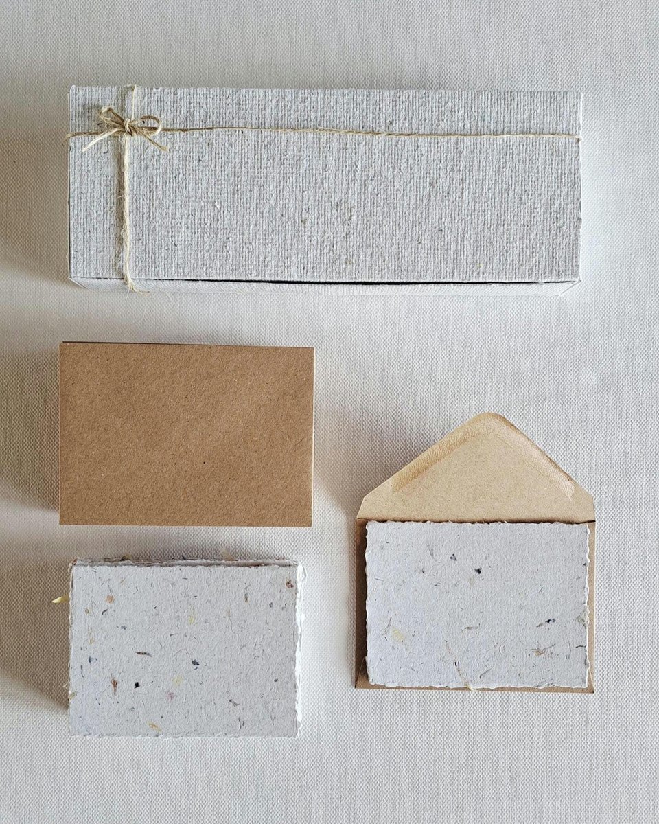 30 Handmade recycled papers with commercially recycled brown envelopes. 4x3 Inch Stationery Set in Gift Box