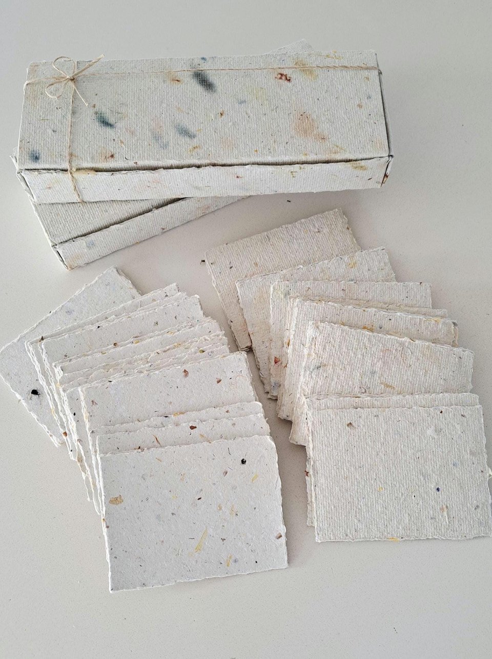 50 Pieces of thick handmade recycled card 4x3 Inch in Gift Box. Cream in colour, deckle and rough torn edges