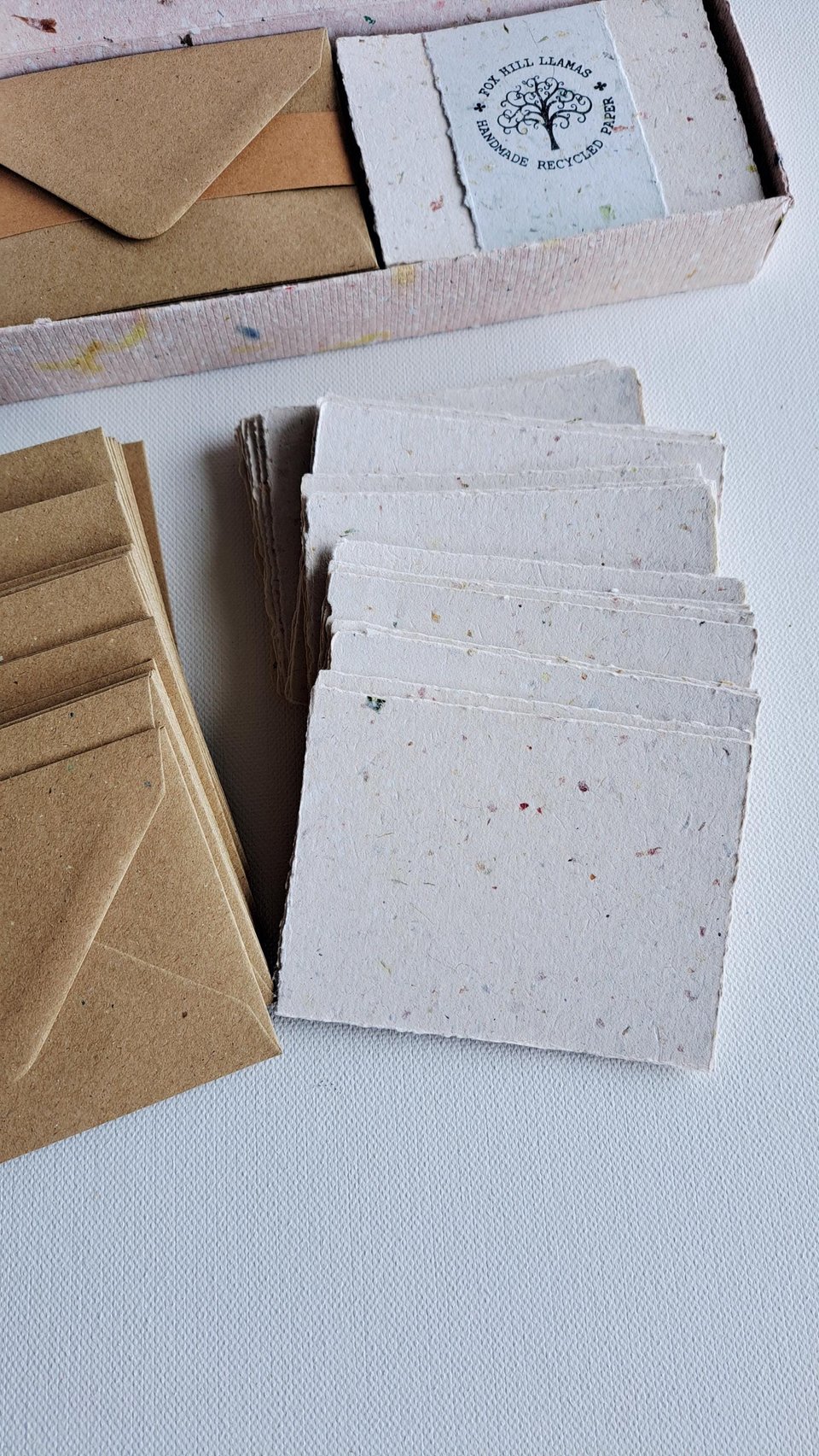 30 Handmade recycled papers with commercially recycled brown envelopes. 4x3 Inch Stationery Set in Gift Box