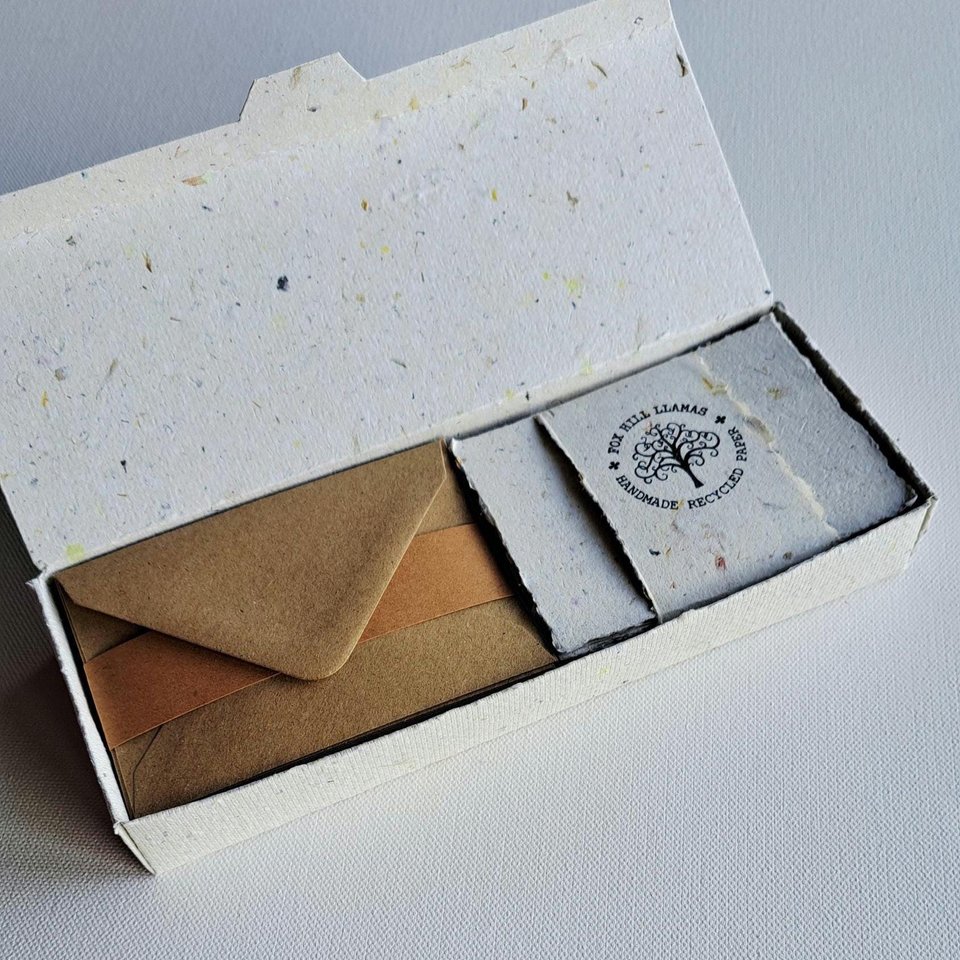 30 Handmade recycled papers with commercially recycled brown envelopes. 4x3 Inch Stationery Set in Gift Box
