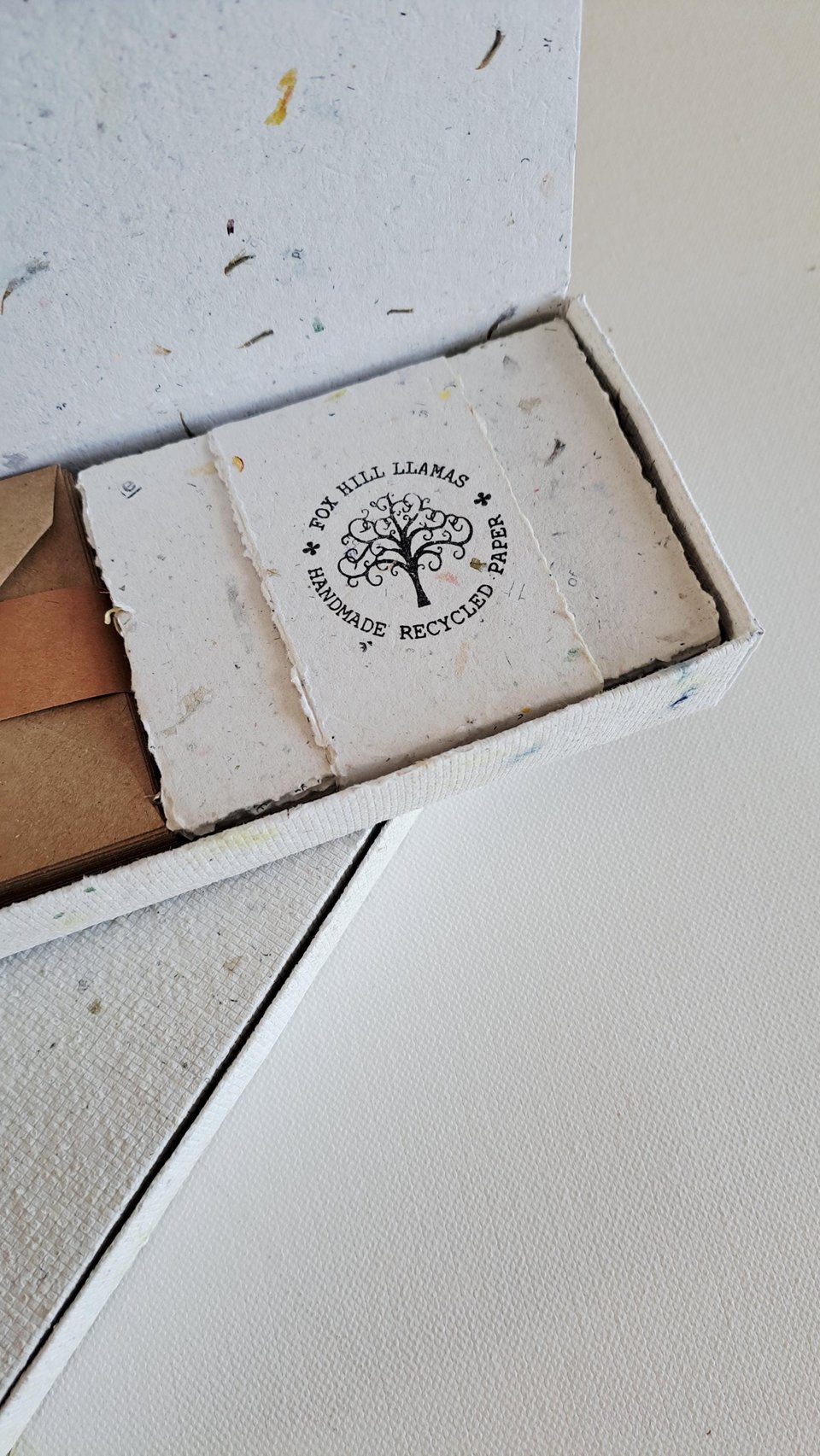 30 Handmade recycled papers with commercially recycled brown envelopes. 4x3 Inch Stationery Set in Gift Box