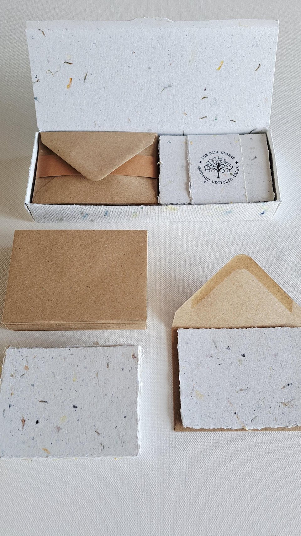 30 Handmade recycled papers with commercially recycled brown envelopes. 4x3 Inch Stationery Set in Gift Box