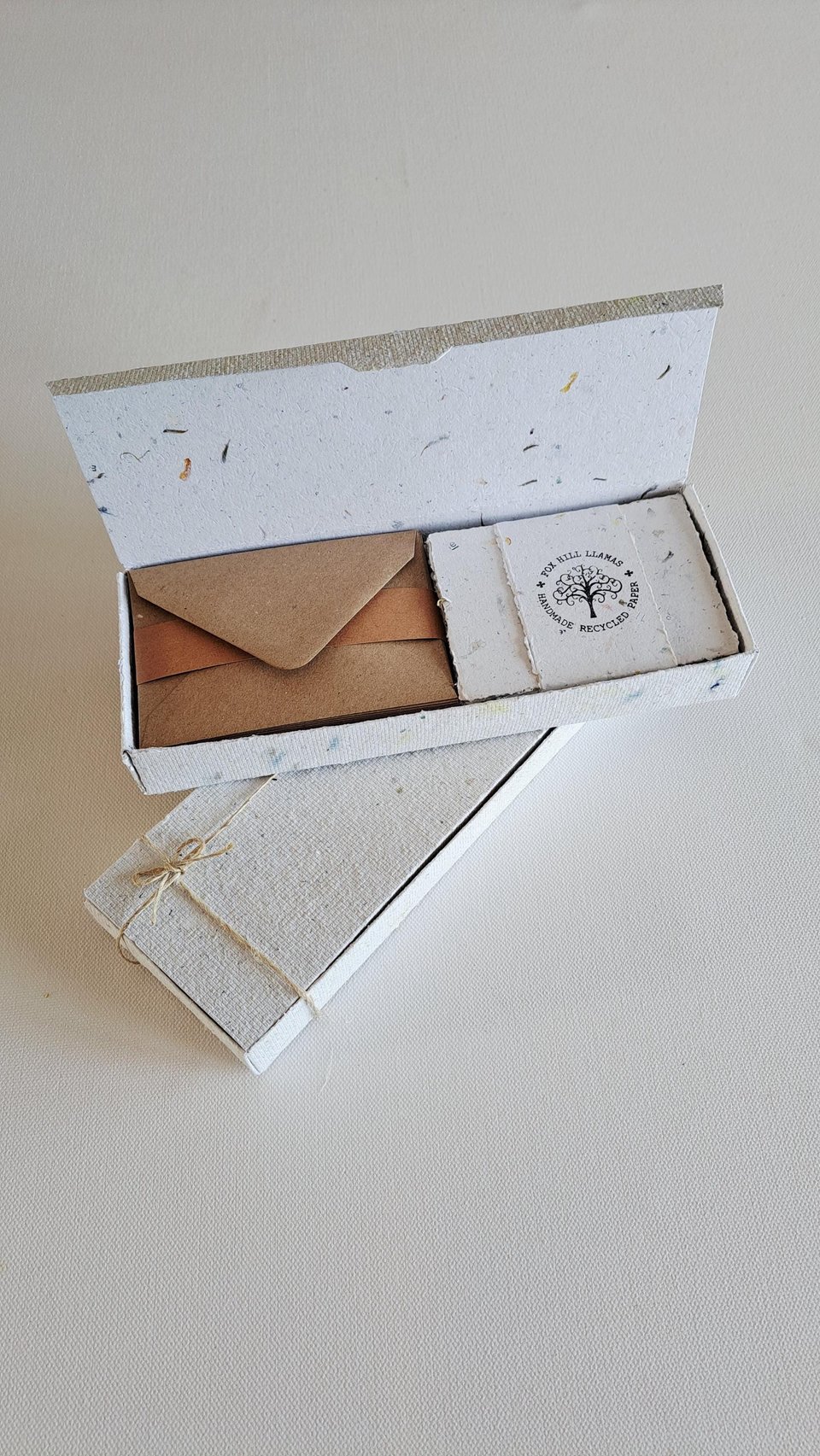 30 Handmade recycled papers with commercially recycled brown envelopes. 4x3 Inch Stationery Set in Gift Box