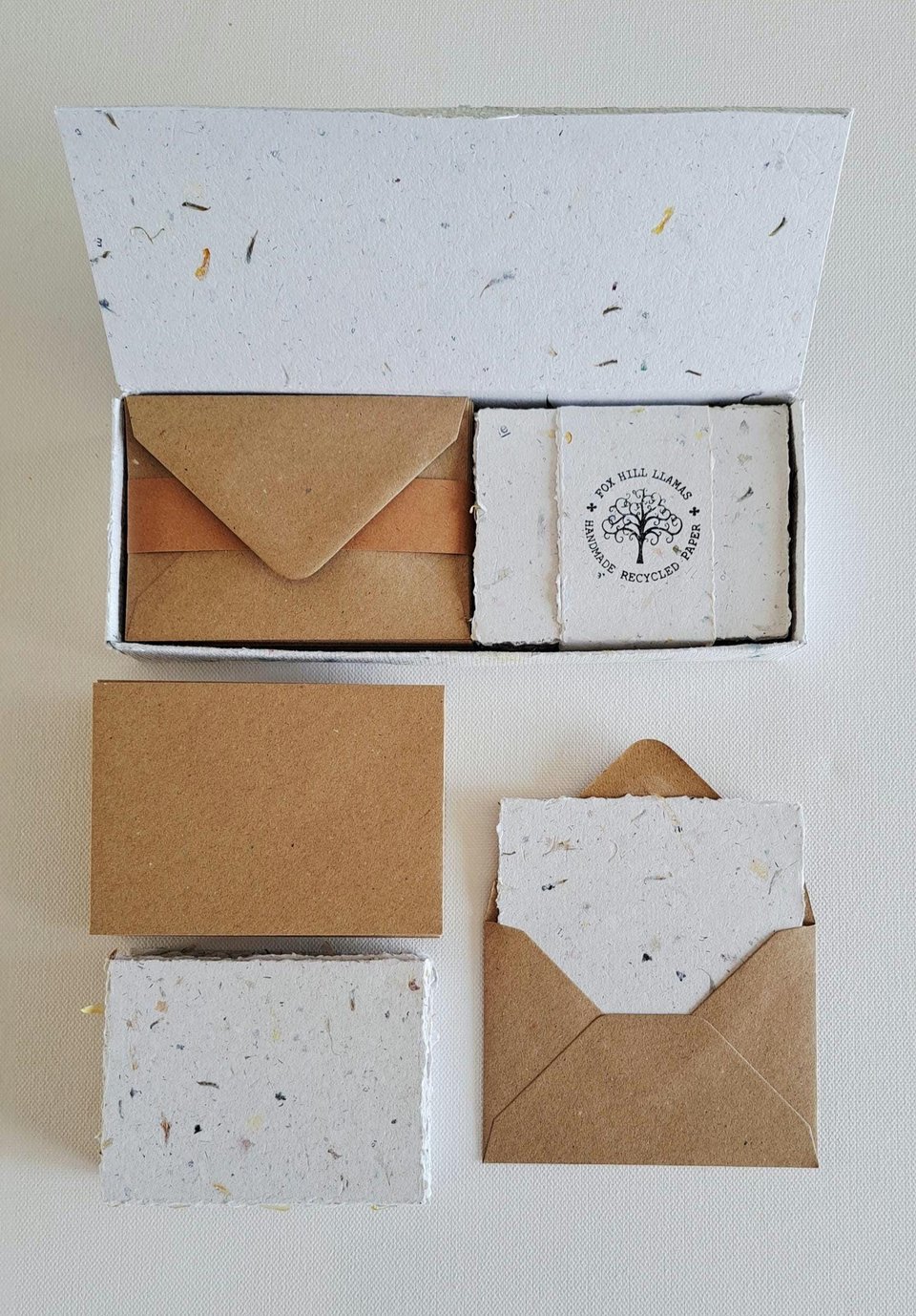 30 Handmade recycled papers with commercially recycled brown envelopes. 4x3 Inch Stationery Set in Gift Box