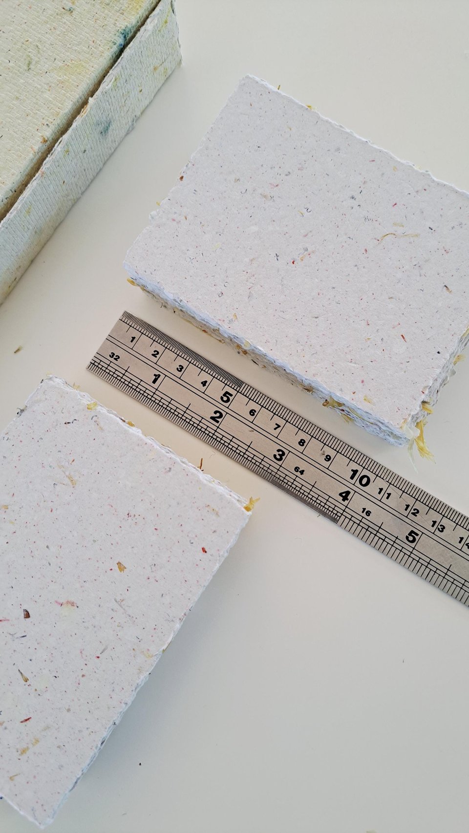 50 Pieces of thick handmade recycled card 4x3 Inch in Gift Box. Cream in colour, deckle and rough torn edges with saffron flecks