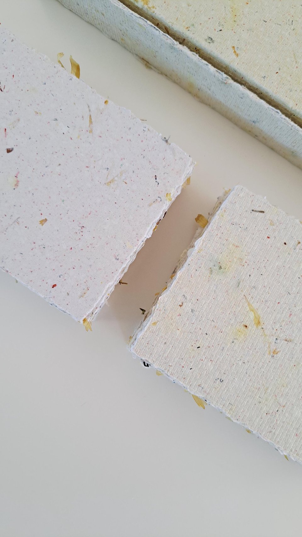 50 Pieces of thick handmade recycled card 4x3 Inch in Gift Box. Cream in colour, deckle and rough torn edges with saffron flecks
