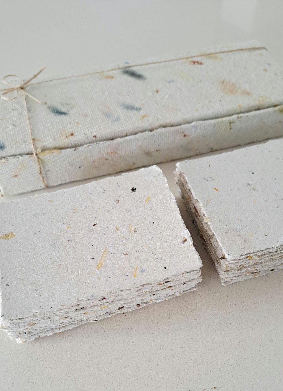 50 Pieces of thick handmade recycled card 4x3 Inch in Gift Box. Cream in colour, deckle and rough torn edges