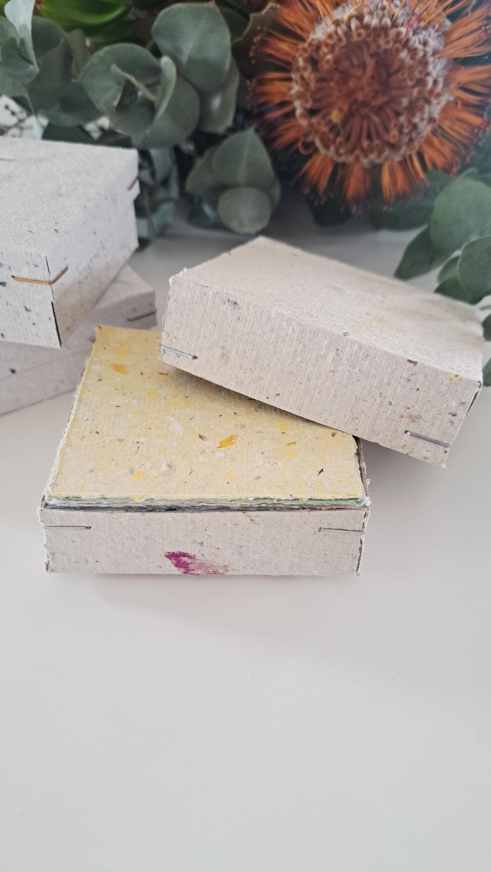 Box of Note Paper. 50 Handmade small sheets. 3 inch sqaure Recycled Note Paper. Gift Boxed. Deckle edge and Hand Torn pieces