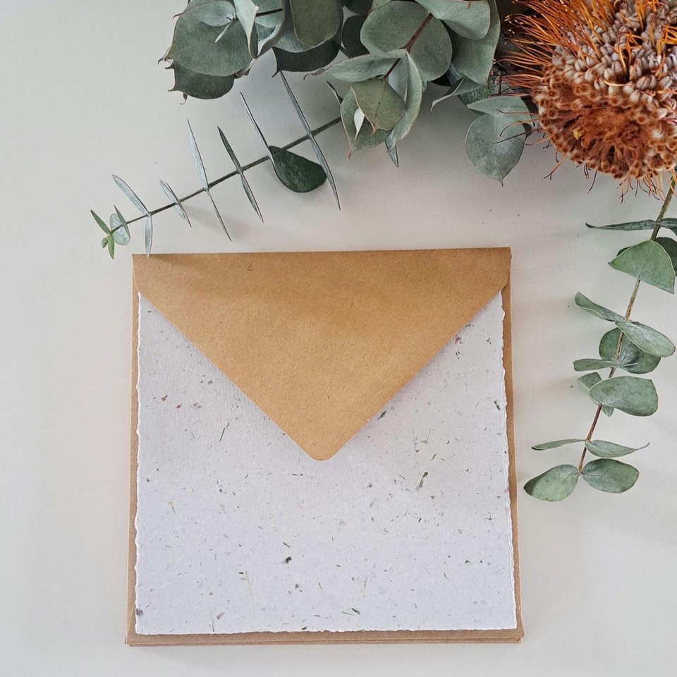 5 Sheets of 6x6 inch Handmade Recycled Paper with grass / lawn with square brown envelopes