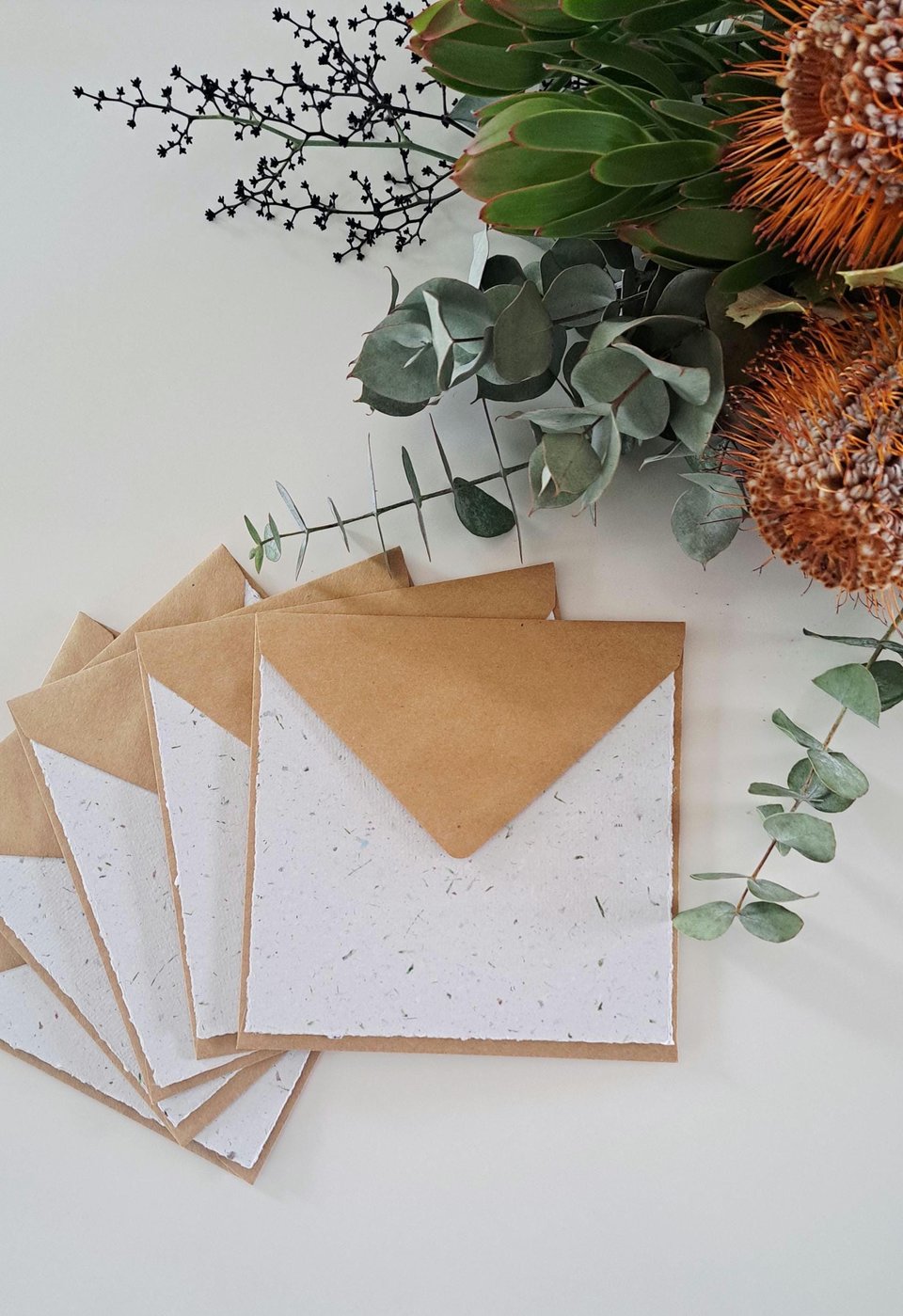 5 Sheets of 6x6 inch Handmade Recycled Paper with grass / lawn with square brown envelopes
