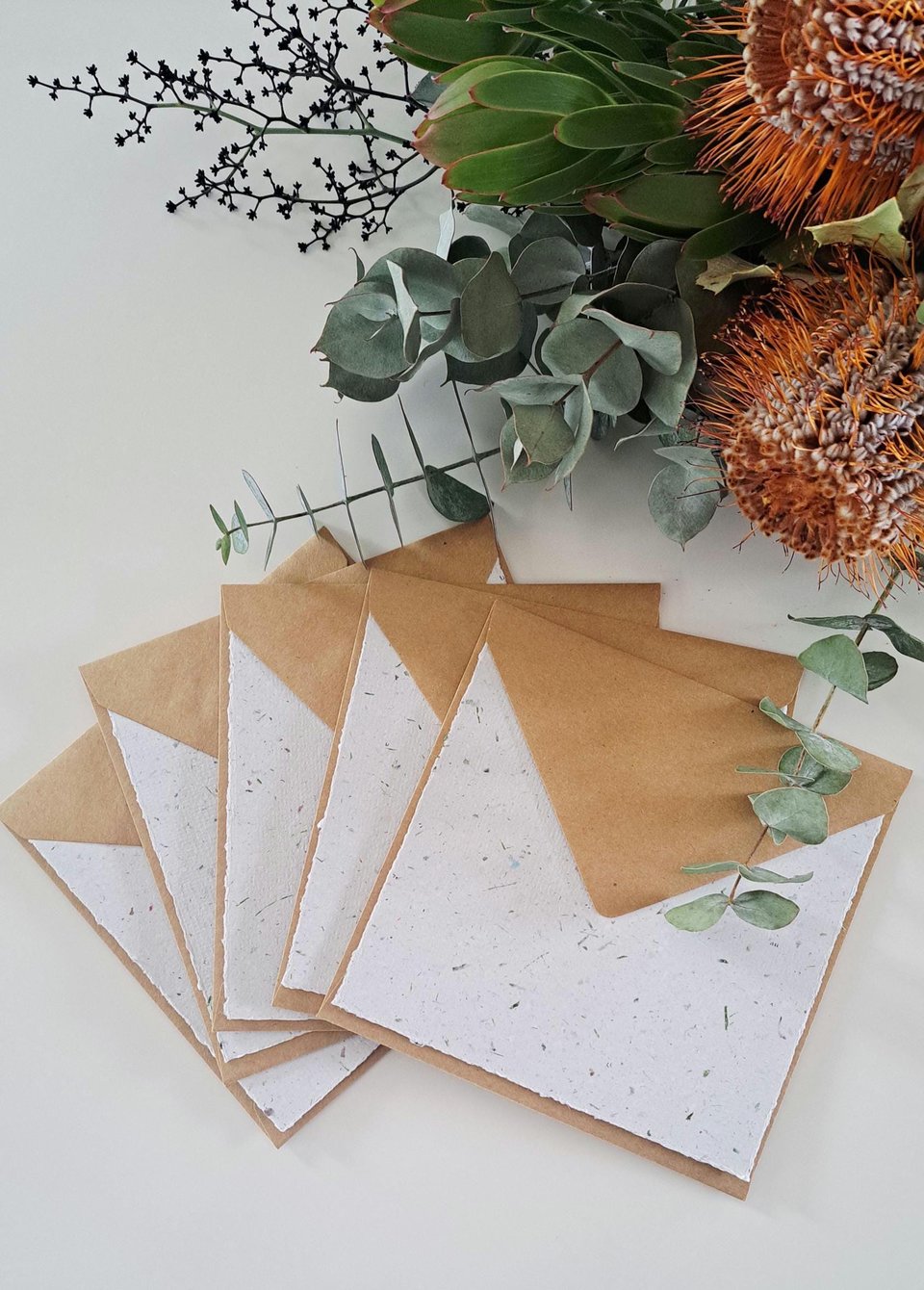 5 Sheets of 6x6 inch Handmade Recycled Paper with grass / lawn with square brown envelopes