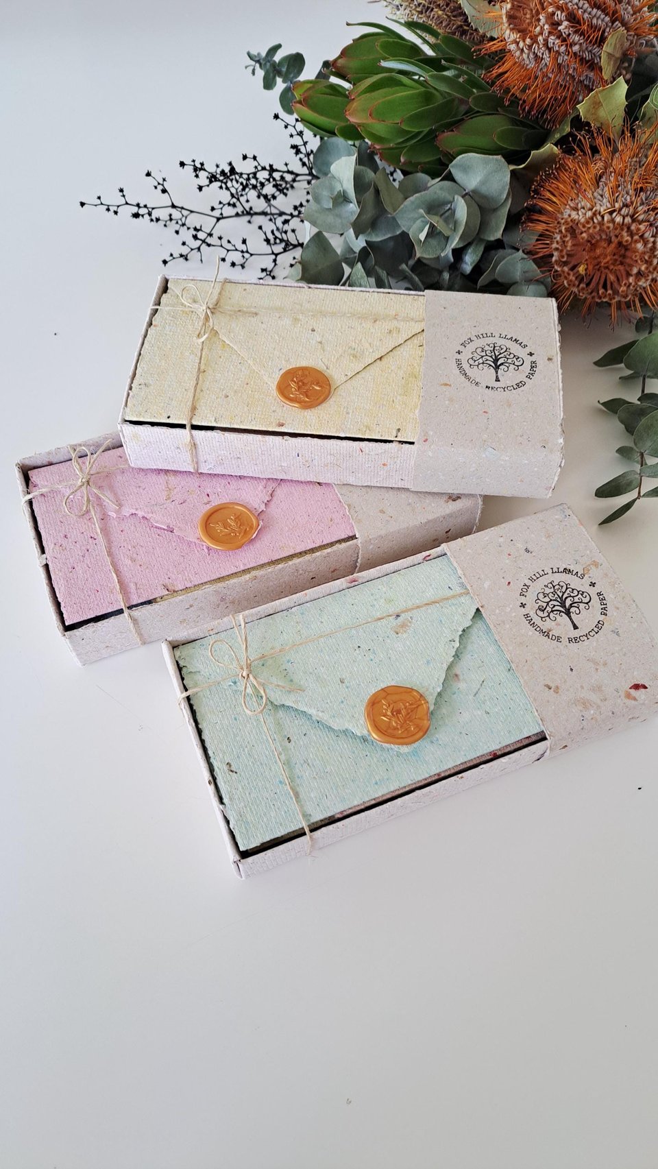6 Old fashioned Lettergrams - Handmade Recycled Writing Paper - mixed colour folding letter sheets with seal. Gift boxed