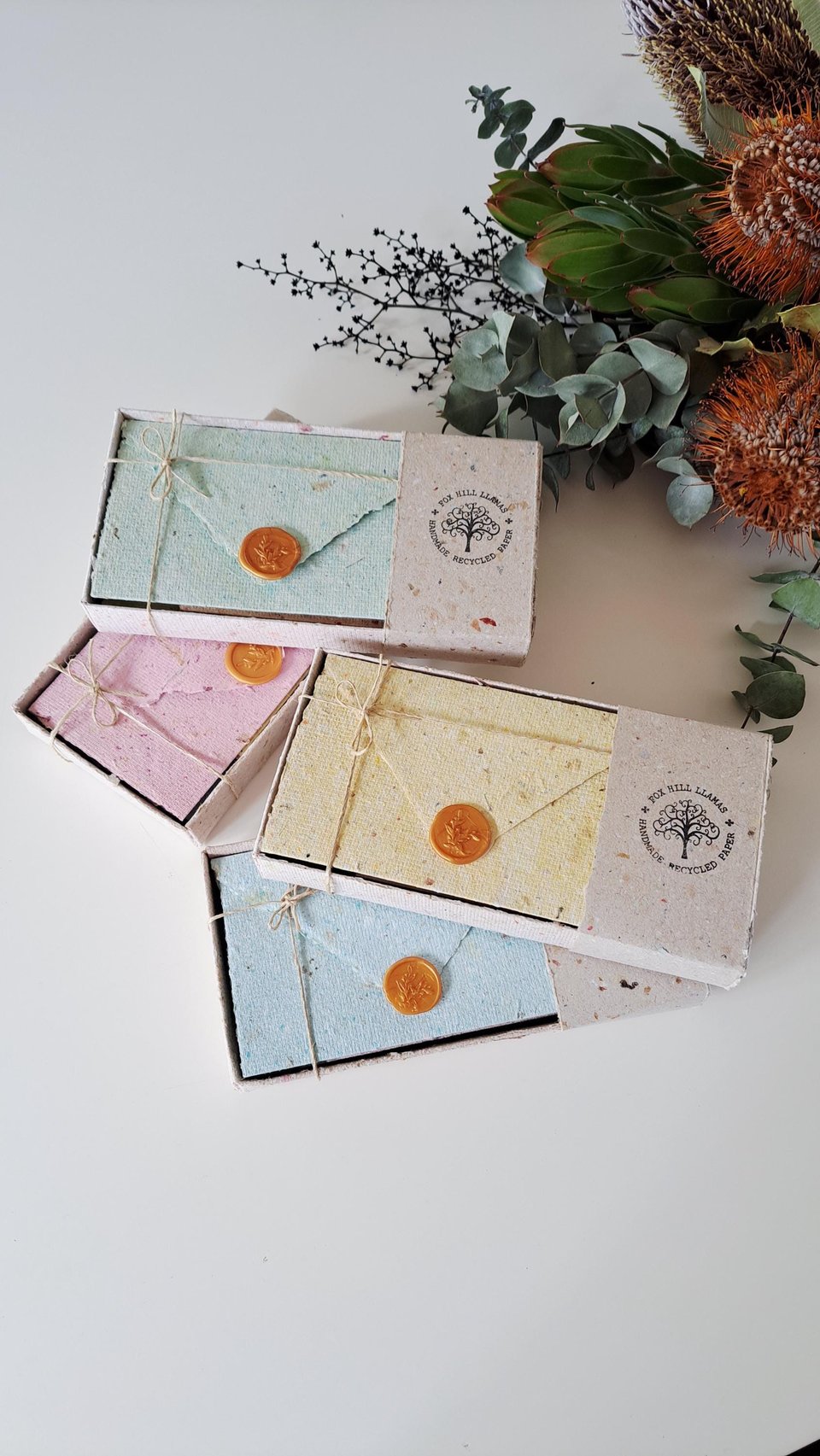 6 Old fashioned Lettergrams - Handmade Recycled Writing Paper - mixed colour folding letter sheets with seal. Gift boxed