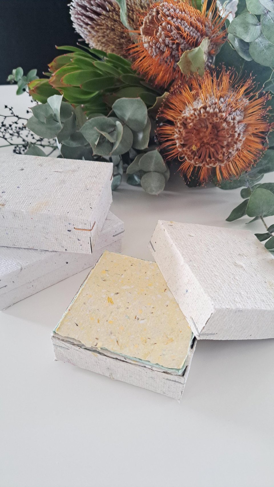 Box of Note Paper. 50 Handmade small sheets. 3 inch sqaure Recycled Note Paper. Gift Boxed. Deckle edge and Hand Torn pieces