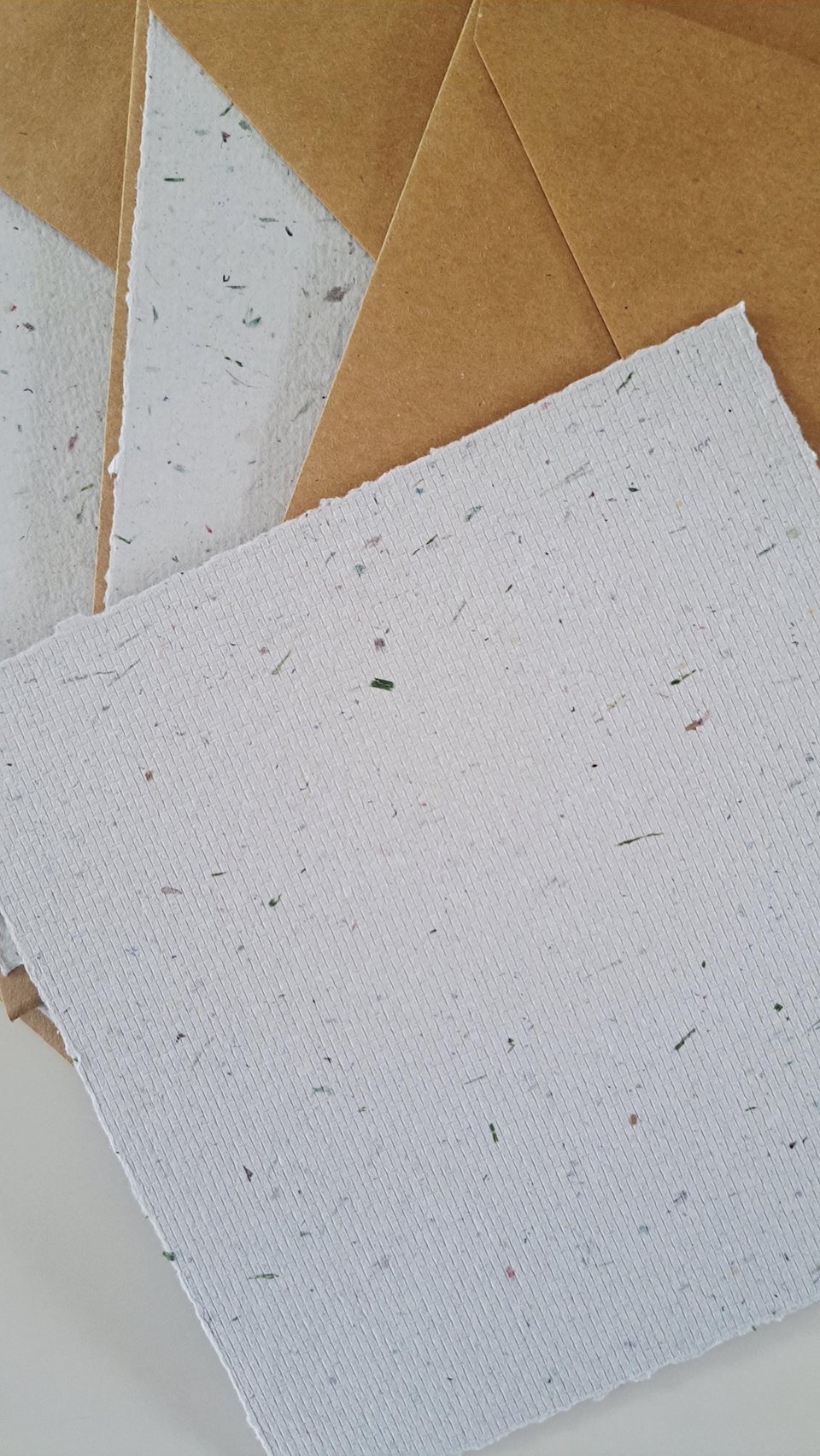5 Sheets of 6x6 inch Handmade Recycled Paper with grass / lawn with square brown envelopes