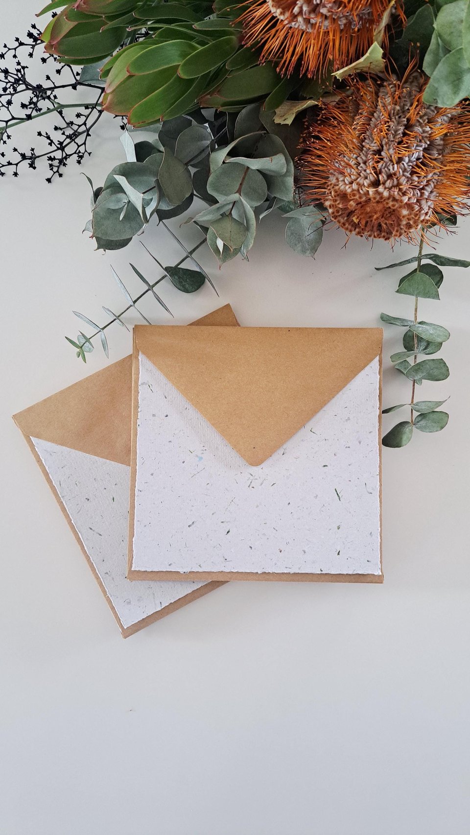 5 Sheets of 6x6 inch Handmade Recycled Paper with grass / lawn with square brown envelopes