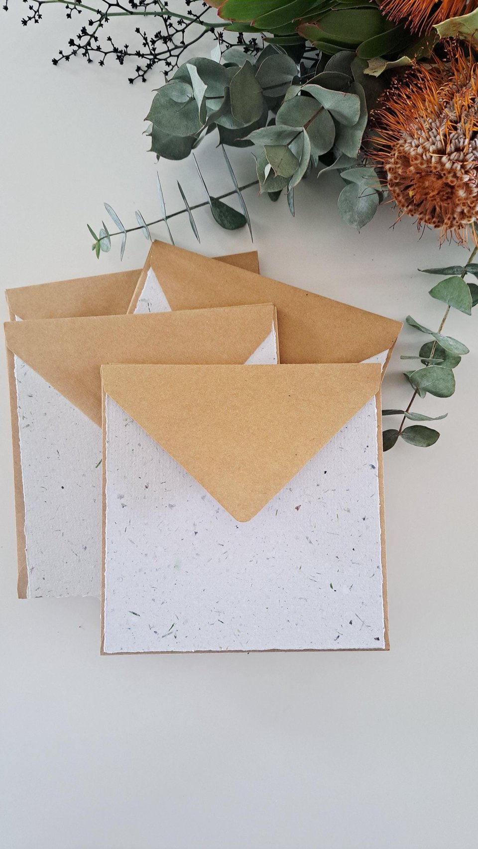 5 Sheets of 6x6 inch Handmade Recycled Paper with grass / lawn with square brown envelopes