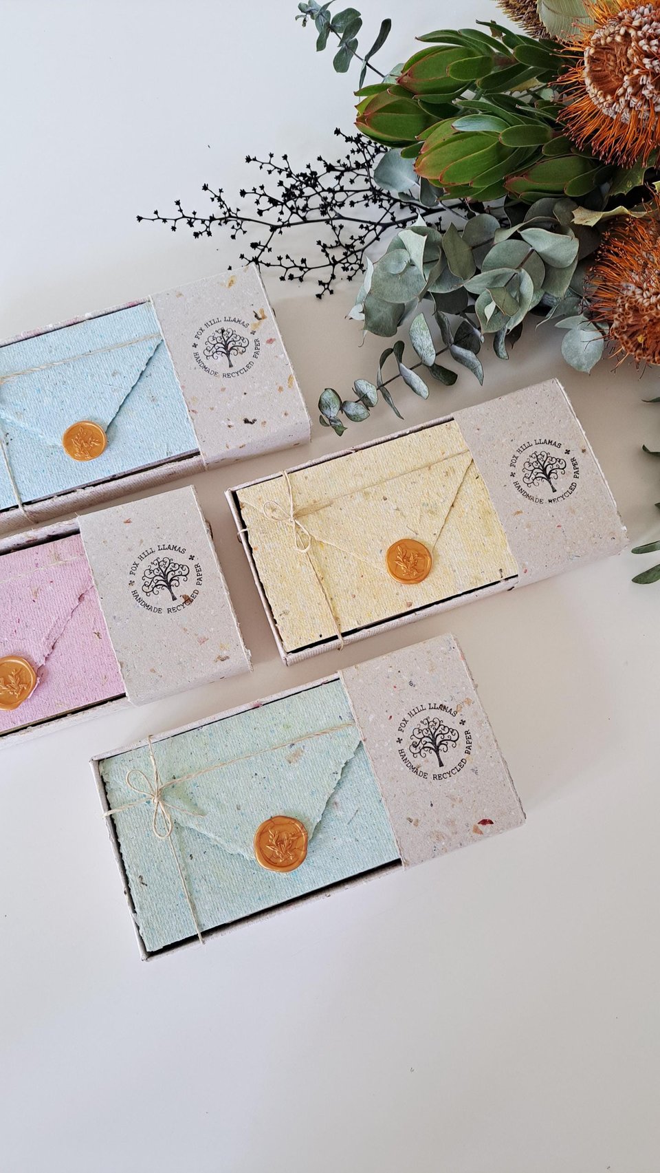 6 Old fashioned Lettergrams - Handmade Recycled Writing Paper - mixed colour folding letter sheets with seal. Gift boxed