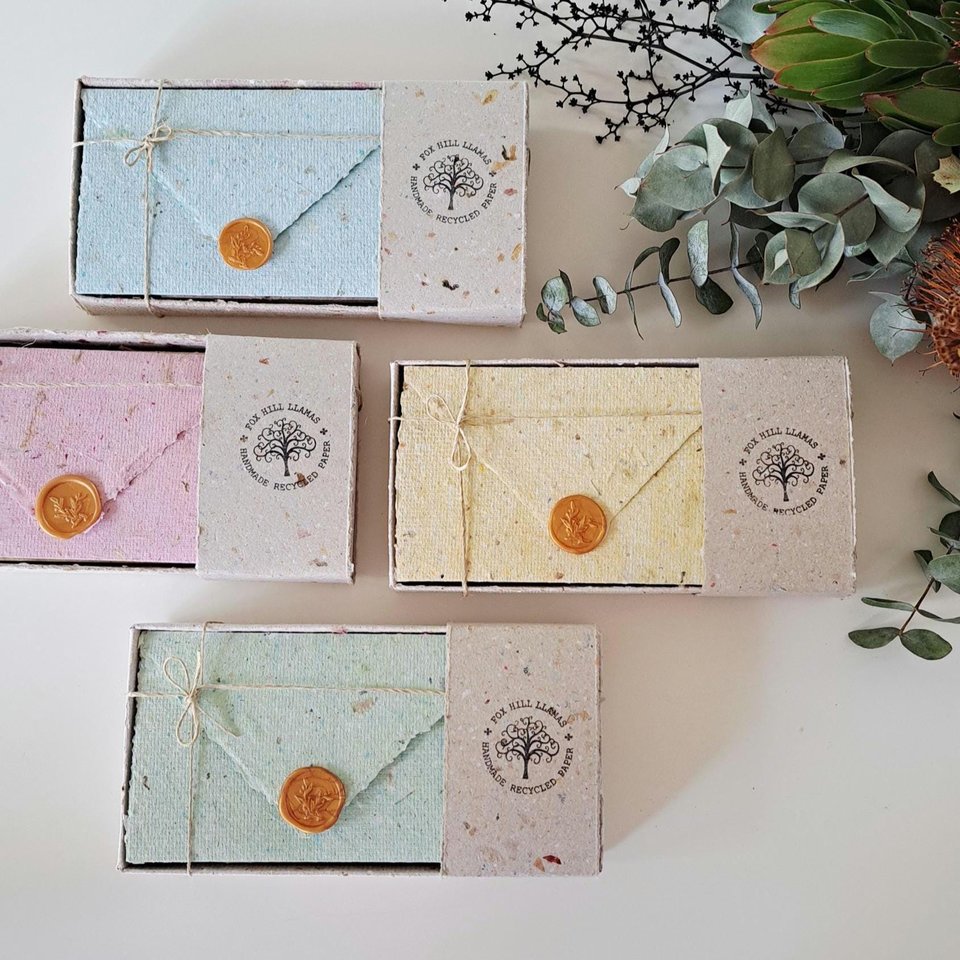 6 Old fashioned Lettergrams - Handmade Recycled Writing Paper - mixed colour folding letter sheets with seal. Gift boxed