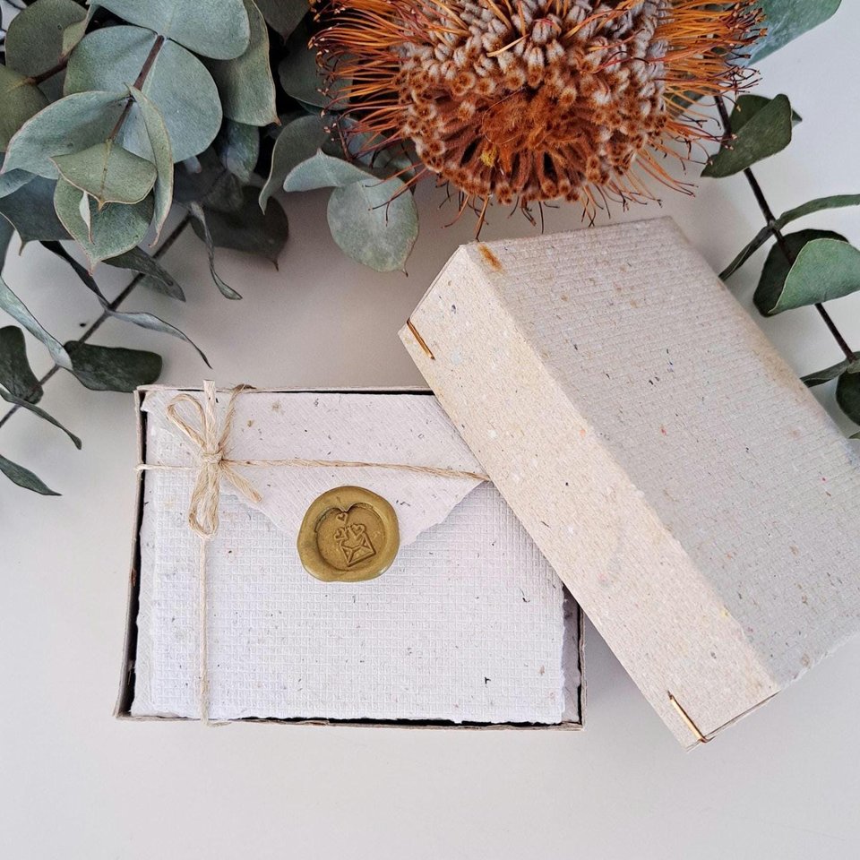 MINI Handmade Recycled Paper  note and envelope set with botanicals in gift box