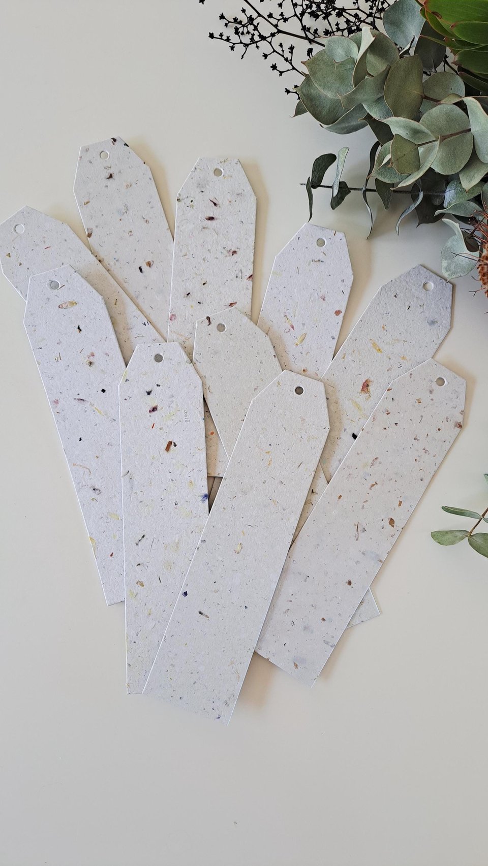 Large tags / labels / bookmarks, handmade recycled paper with botanicals