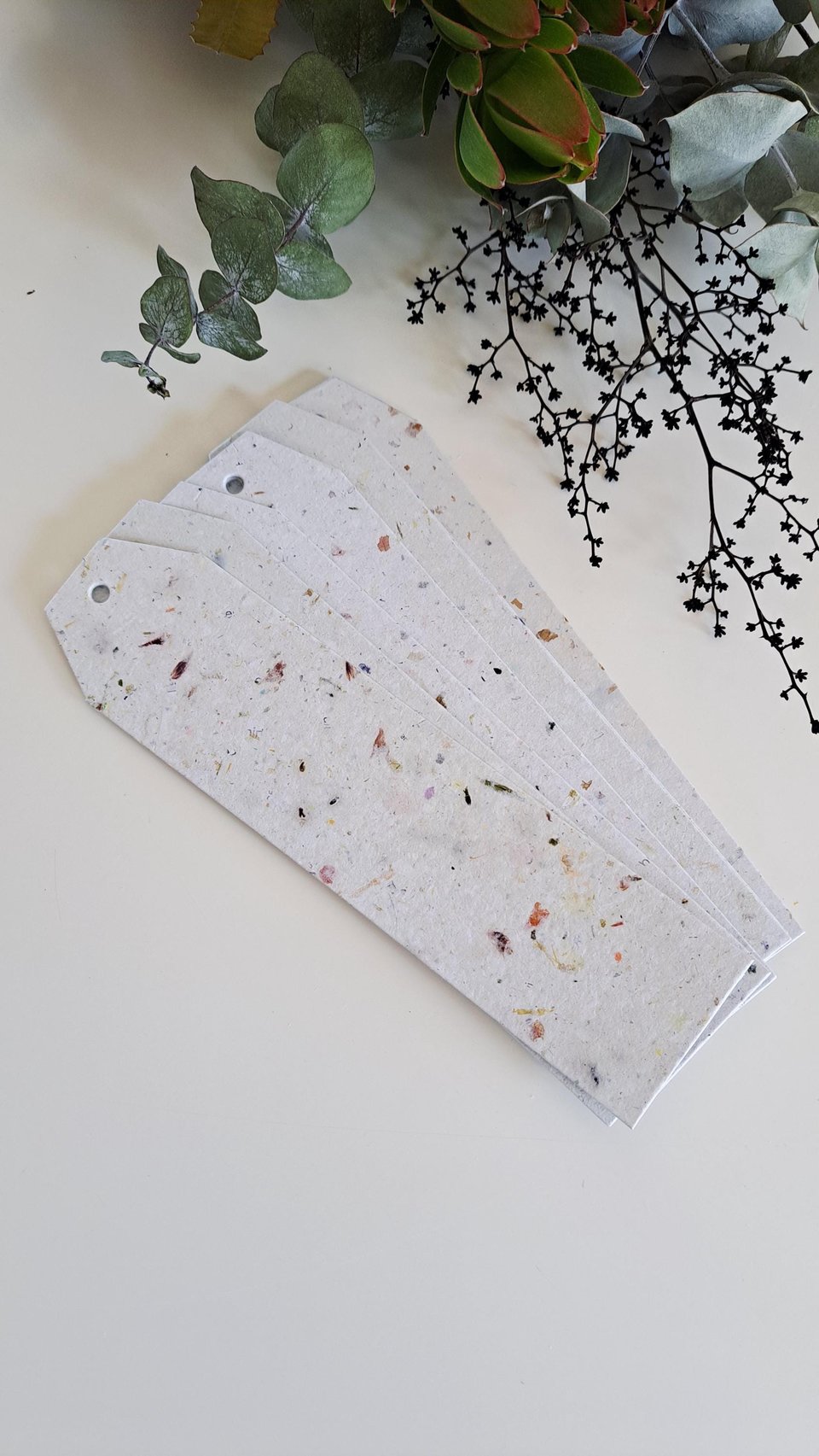 Large tags / labels / bookmarks, handmade recycled paper with botanicals