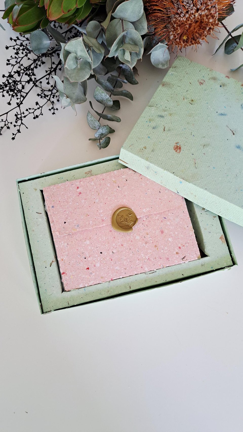 Stationery Set. Gift boxed handmade recycled paper writing sheets and envelopes with wax seals. 12 sheets, 6 envelopes, wax seals