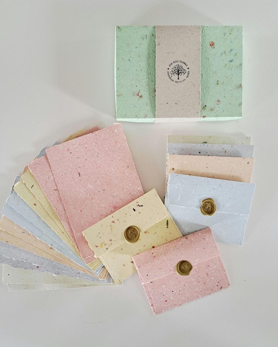 Stationery Set. Gift boxed handmade recycled paper writing sheets and envelopes with wax seals. 12 sheets, 6 envelopes, wax seals