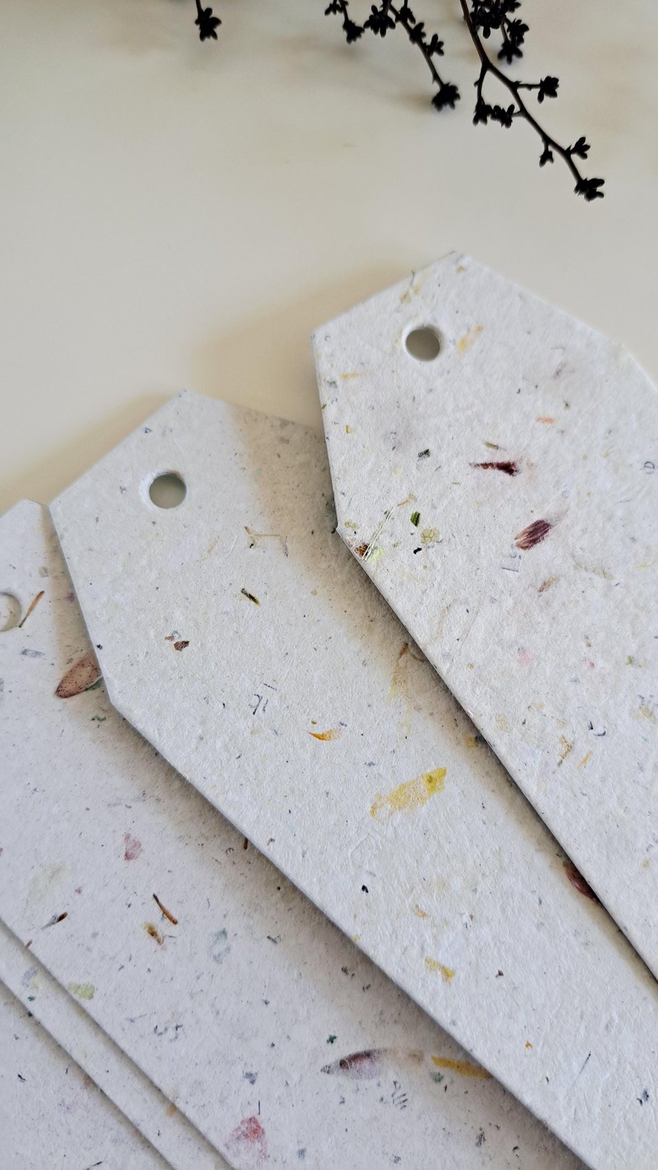 Large tags / labels / bookmarks, handmade recycled paper with botanicals
