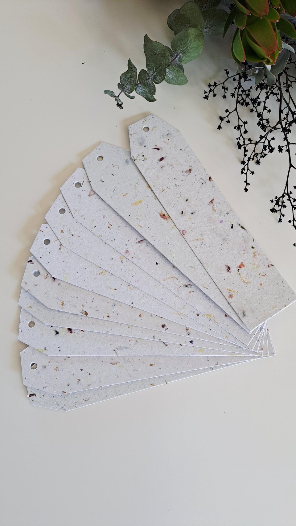 Large tags / labels / bookmarks, handmade recycled paper with botanicals