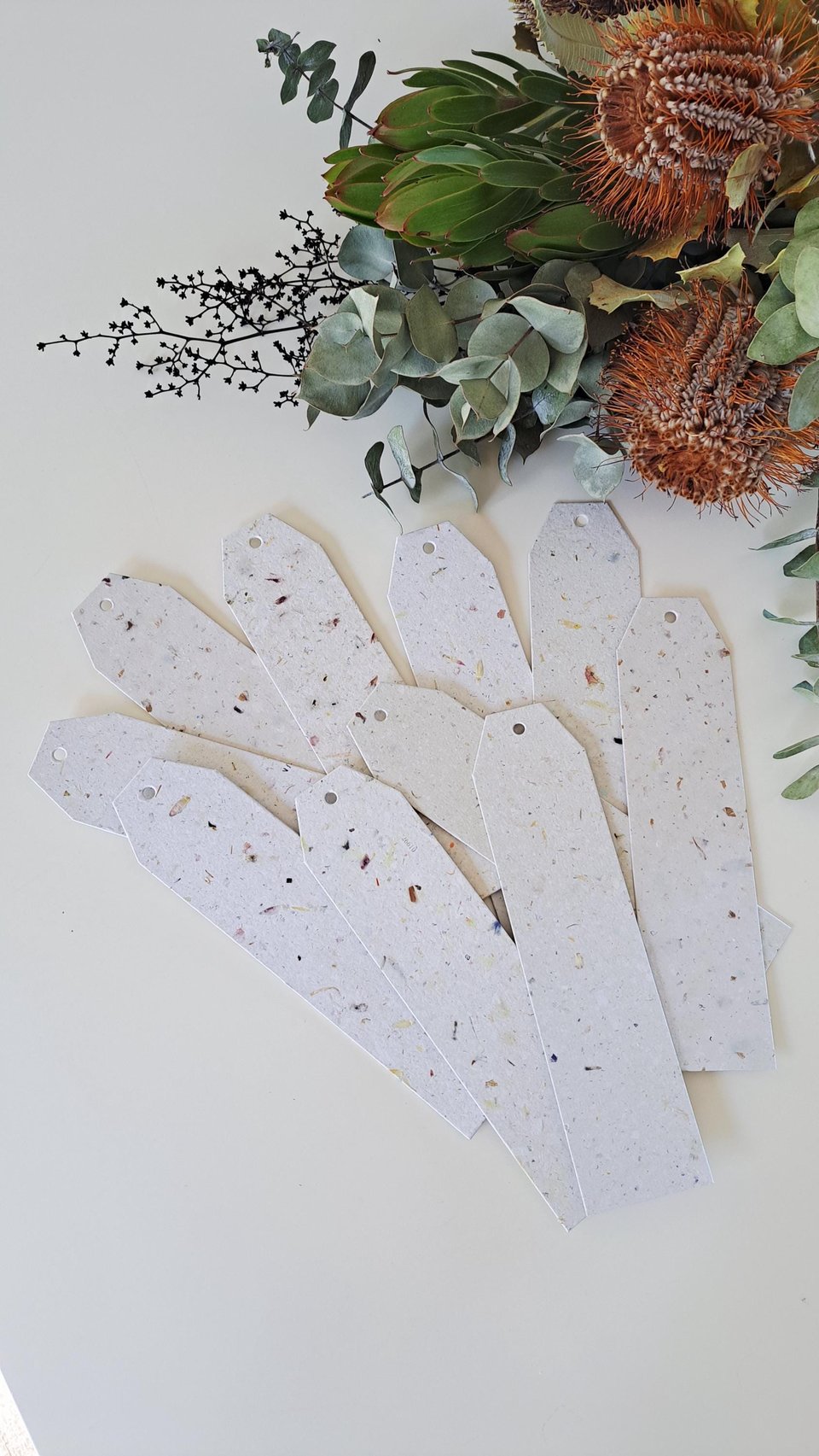 Large tags / labels / bookmarks, handmade recycled paper with botanicals