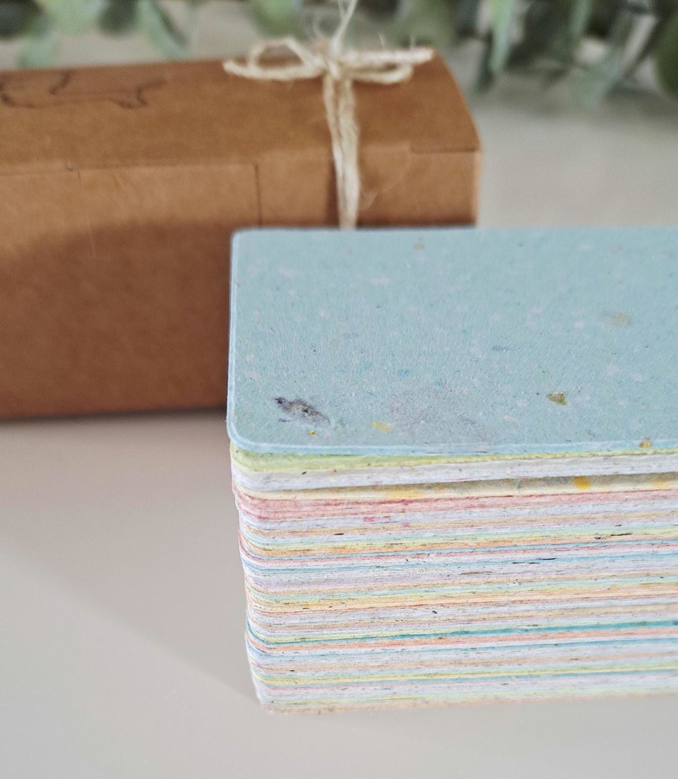 50 Handmade Recycled 2 x 3.5 inch Cards, Coloured Blank Homemade Paper