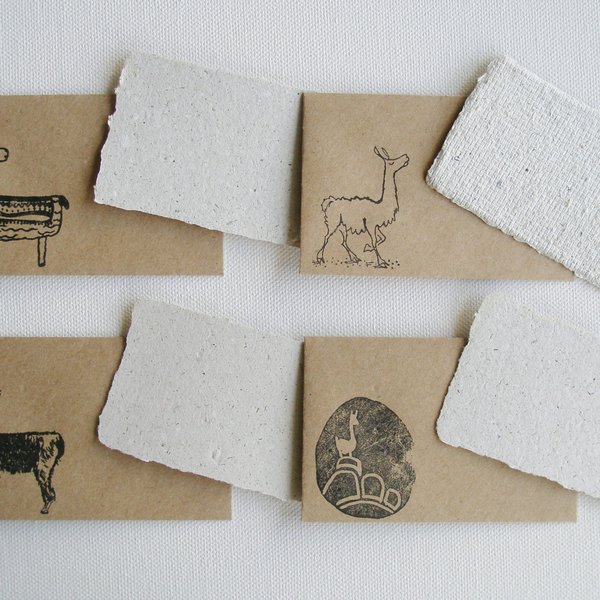 Llama Poo Card Set with Brown Envelopes, 4 Mini Handmade Recycled Llama Poo Paper Cards, hand stamped envelopes