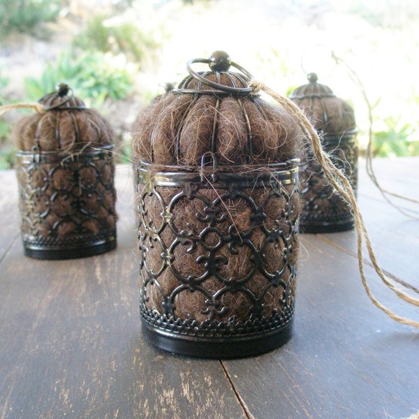 Black Bird Nester with Llama wool for nesting birds. Garden gift for gardener who loves wild birds visiting for birdbath, feeder, birdhouse