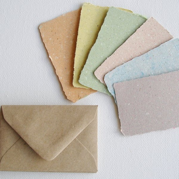 Llama Poo Paper Cards. 6 x Coloured mini handmade recycled paper gift cards 2 x 3 inch with llama poo and plain brown envelopes