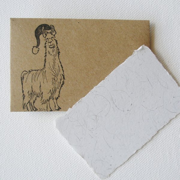 Christmas Llama Fibre Mini Card and Hand Stamped Envelope, Handmade Recycled Paper Card