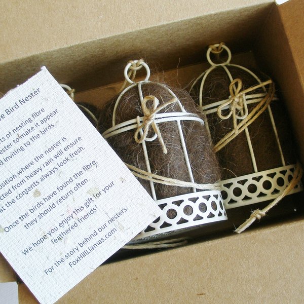 Garden Gift Set, 3 Small Bird Nesters in Box, Llama nesting material for nest building, Bird Gifts, Gift for Mum Gardener, Xmas Eco Gift